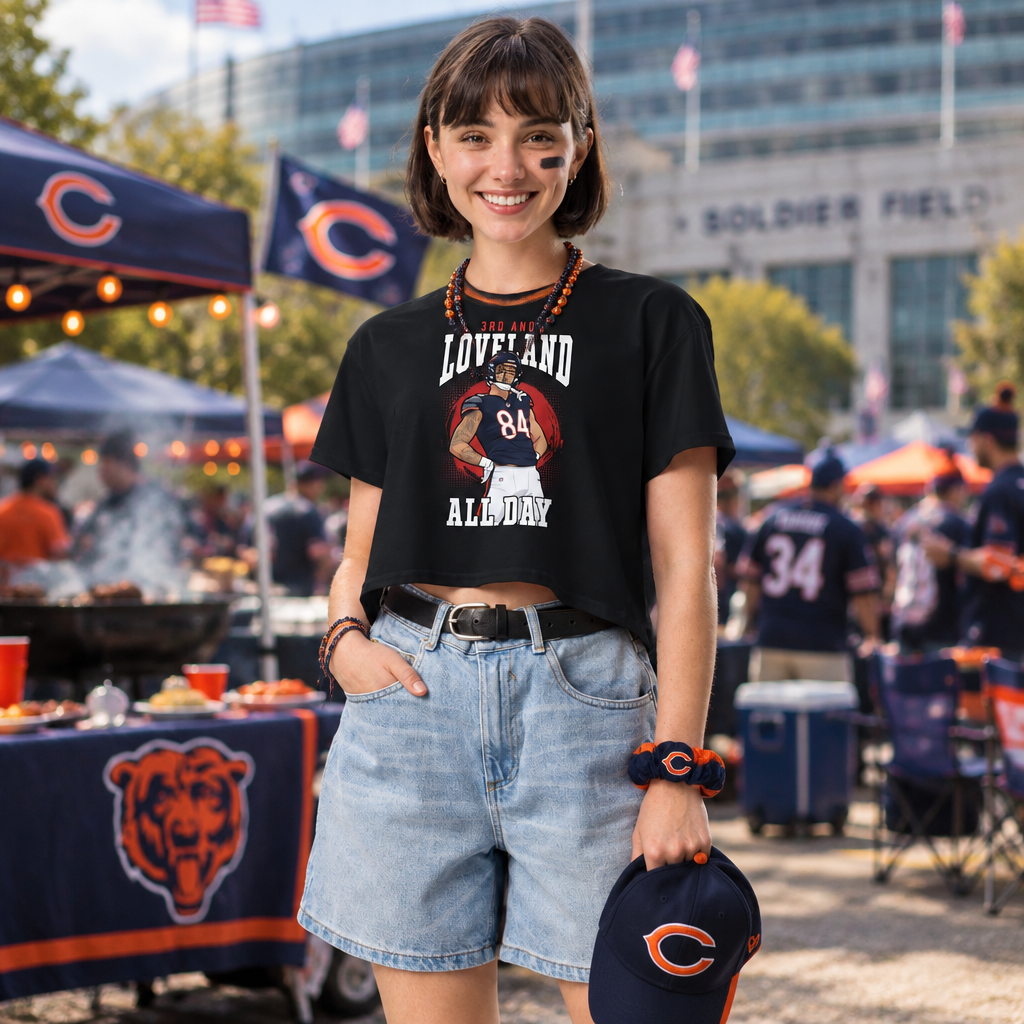 Young female Chicago Bears fan wearing the Coleston Loveland crop top on gameday